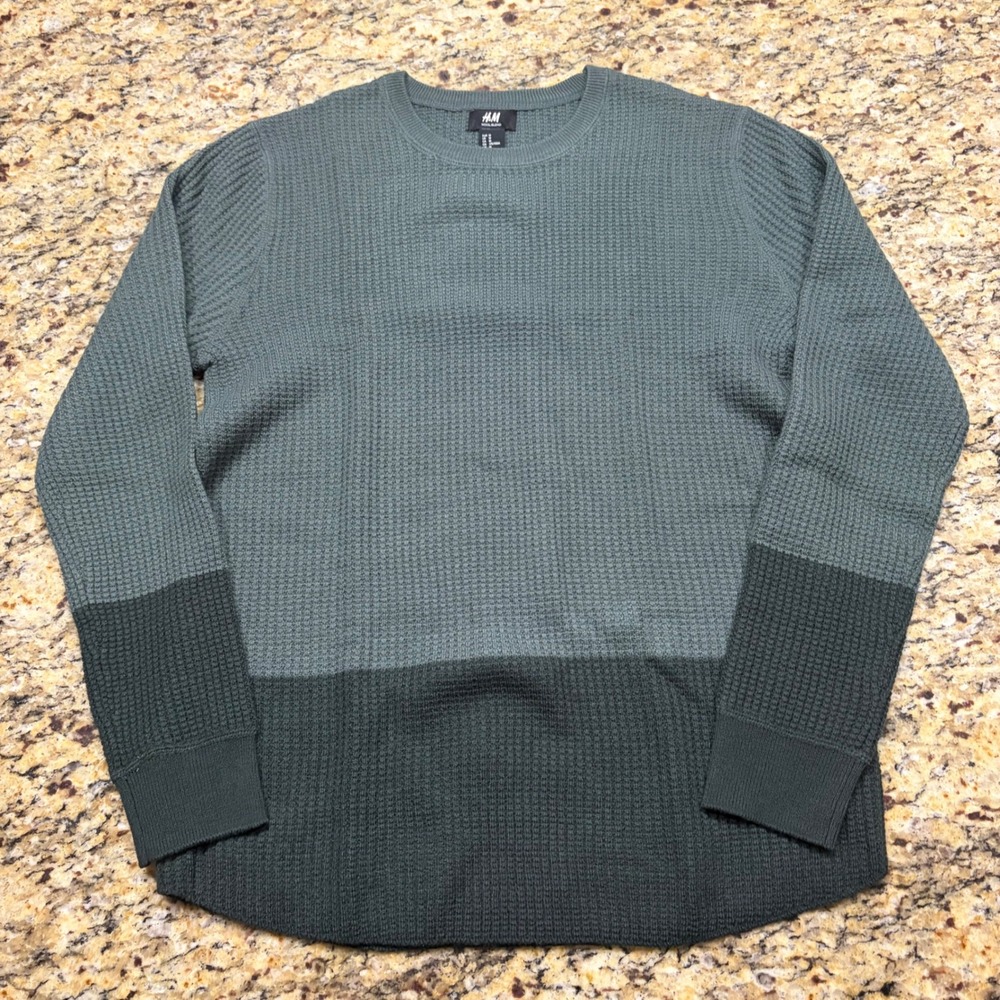 HM Mens Wool Blend Waffle Knit Sweater Green Color Block Crew Neck Medium